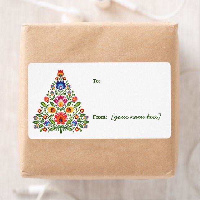 Folk Enchantment: Christmas Tree Gift Tag Sticker (Insitu)