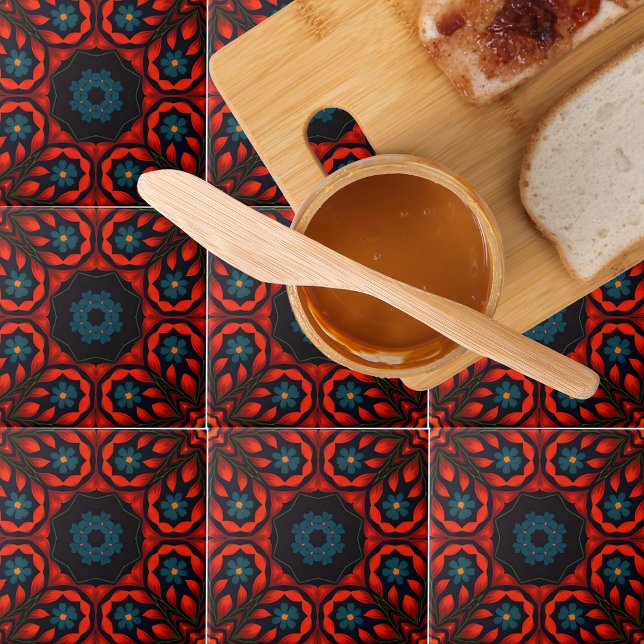 Folk Ethnic Red Black Blue Floral Pattern Tile (Creator Uploaded)