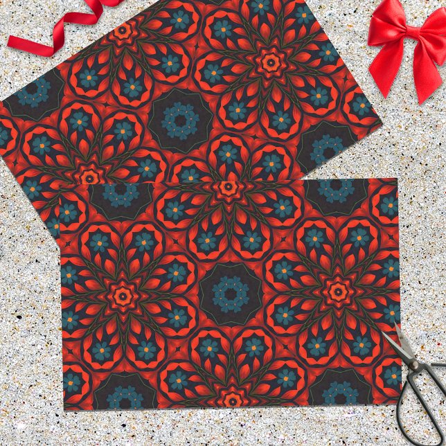 Folk Ethnic Red Black Blue Floral Pattern Tissue Paper (Creator Uploaded)