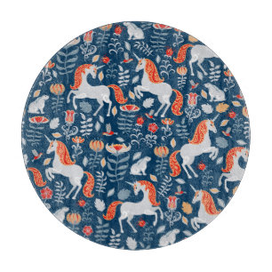 Folk Fantasy: Unicorns, Rabbits, Birds Cutting Board