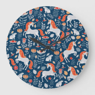 Folk Fantasy: Unicorns, Rabbits, Birds Large Clock