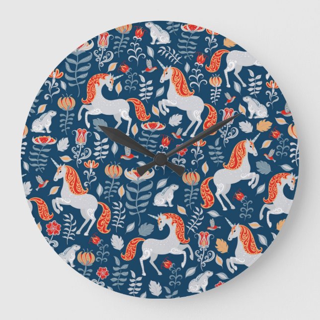 Folk Fantasy: Unicorns, Rabbits, Birds Large Clock (Front)
