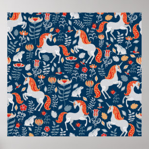 Folk Fantasy: Unicorns, Rabbits, Birds Poster