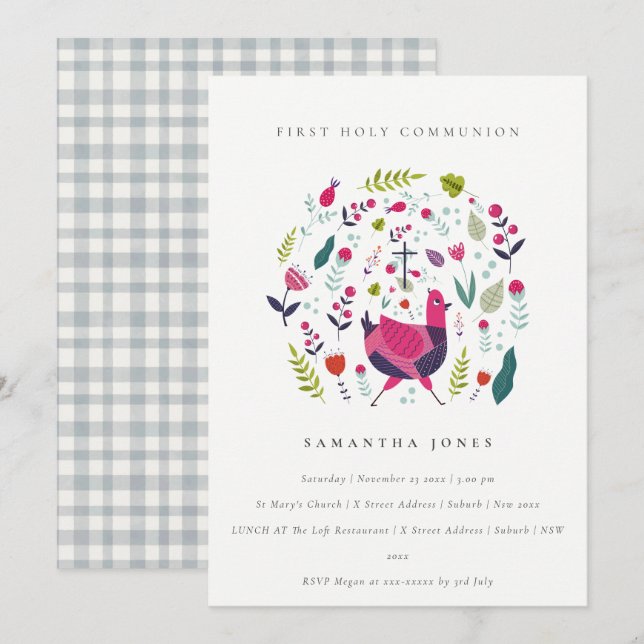 Folk Farm Floral Birdie First Communion Invite (Front/Back)
