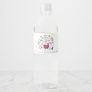 Folk Farm Floral Birdie First Holy Communion Water Bottle Label