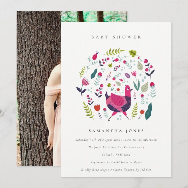 Folk Farm Floral Birdie Photo Baby Shower Invite (Front/Back)