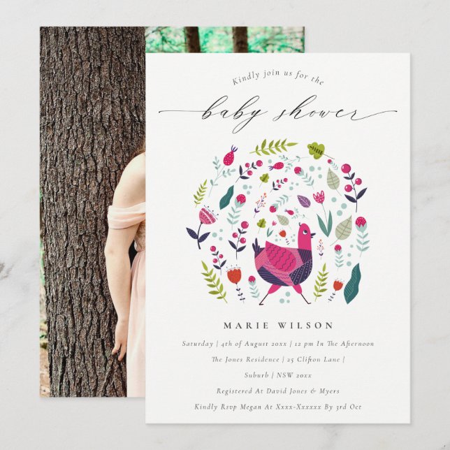 Folk Farm Floral Birdie Photo Baby Shower Invite (Front/Back)