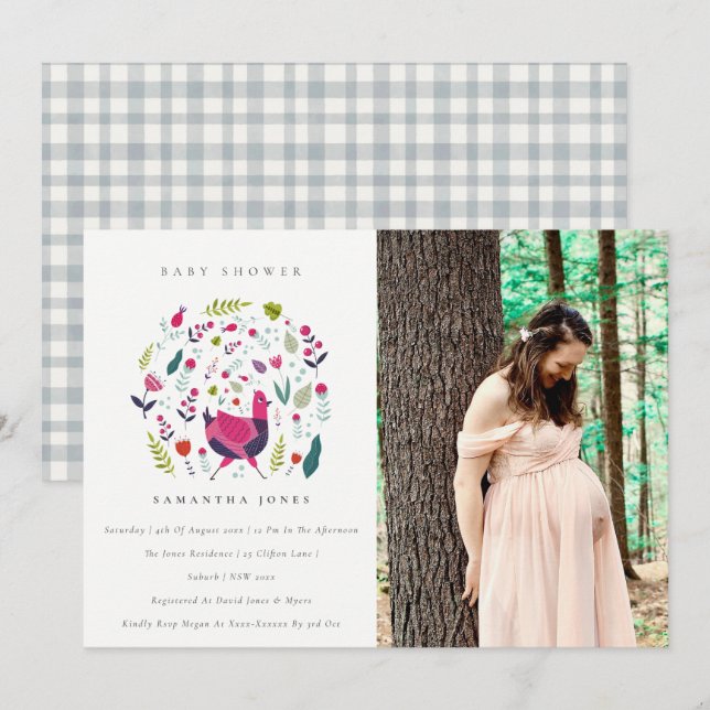 Folk Farm Floral Birdie Photo Baby Shower Invite (Front/Back)