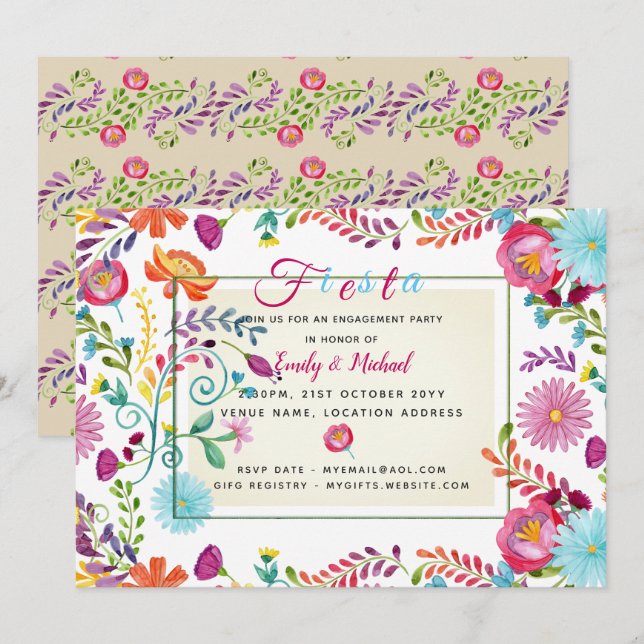 Folk Fiesta Engagement Party Invitation Watercolor (Front/Back)