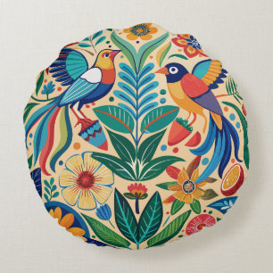 Folk Flora & Fauna Round Cushion
