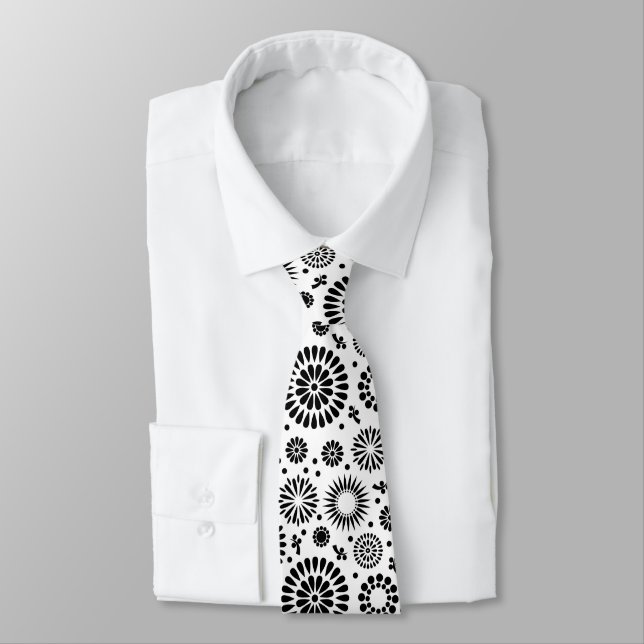 Folk Floral Black and White Flowers Boho Chic Tie (Tied)