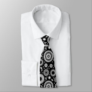 Folk Floral Black and White Sunflower Boho Chic Tie