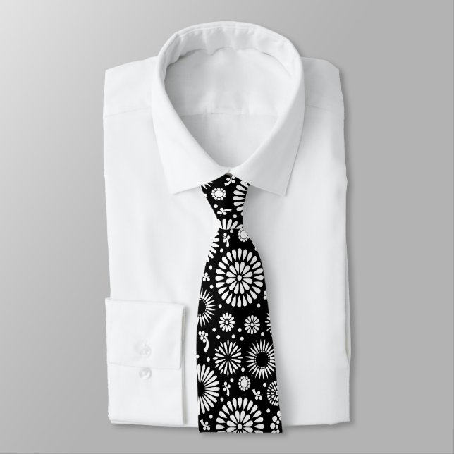 Folk Floral Black and White Sunflower Boho Chic  Tie (Tied)