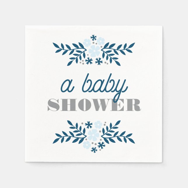 Folk Floral Blue Grey Baby Shower Decor Napkin (Front)