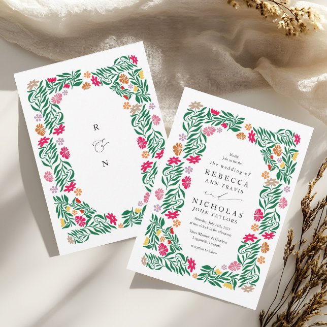 Folk Floral Frame Wedding Invitation (Creator Uploaded)