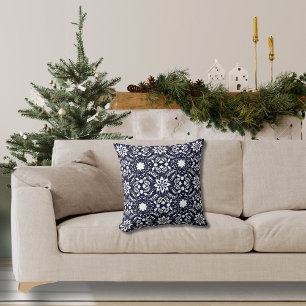 Folk Floral Navy and White Pattern Cushion