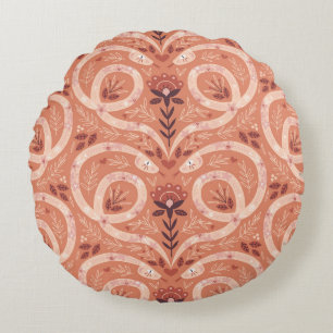 Folk Floral Snake: Symmetrical Vintage Round Cushion