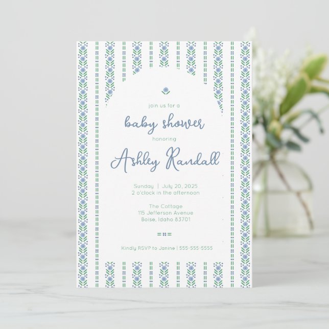 Folk Floral Stripe- Blue- Baby Shower Invitation (Standing Front)