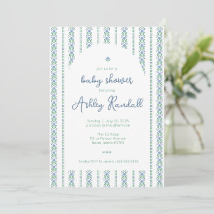 Folk Floral Stripe- Blue- Baby Shower Invitation