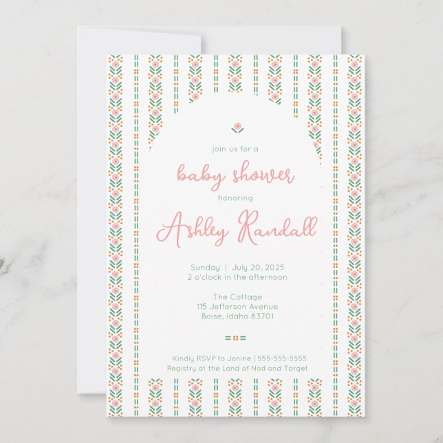 Folk Floral Stripe- Pink- Baby Shower Invitation (Front)