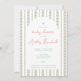 Folk Floral Stripe- Pink- Baby Shower Invitation