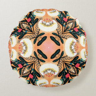 Folk floral symmetric seamless pattern hand painte round cushion