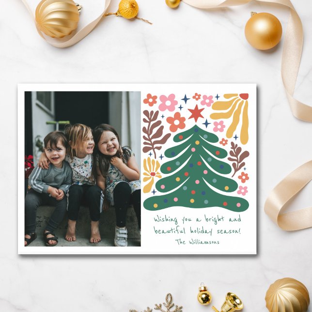 Folk Floral Tree Bright Christmas Photo Cute Holiday Card (Creator Uploaded)