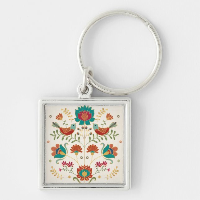 Folk Floral With Birds Key Ring (Front)