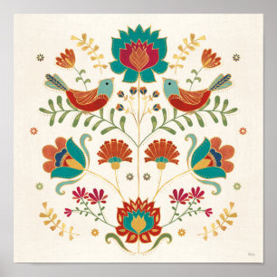 Folk Floral With Birds Poster