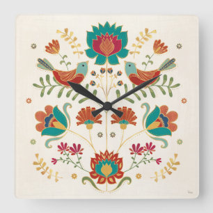 Folk Floral With Birds Square Wall Clock