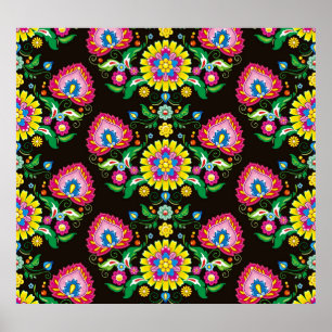 Folk flourish pattern: retro colourful tiles poster