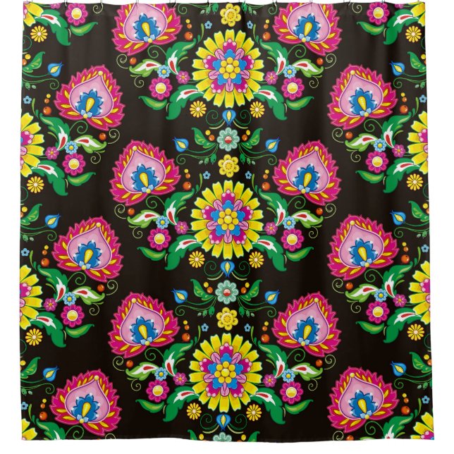 Folk flourish pattern: retro colourful tiles shower curtain (Front)