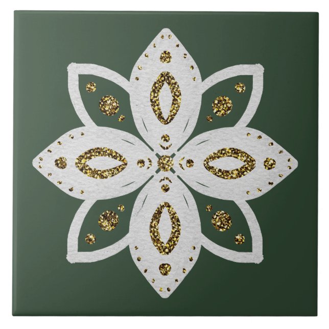 folk flower 1 green and white tile (Front)
