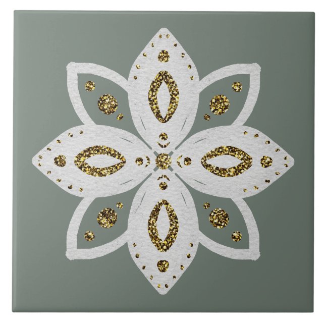 folk flower 1 lite green and white tile (Front)