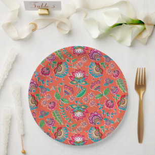 Folk flower bright orange floral pattern wedding paper plate