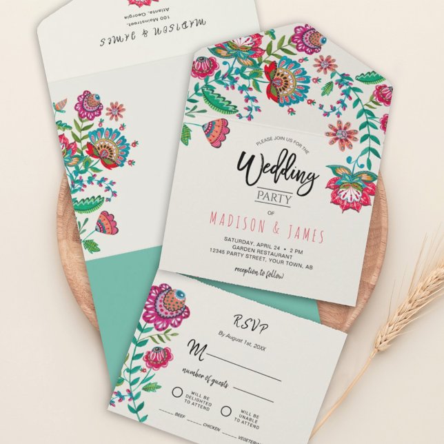 Folk Flowers Boho Turquoise Fiesta wedding All In One Invitation (Creator Uploaded)