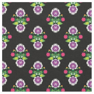 Folk Flowers - diamond shaped composition black Fabric