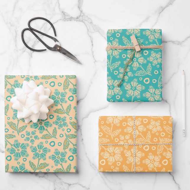 Folk Flowers in  Wrapping Paper Sheet (Front)