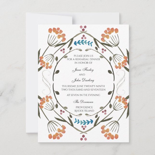 Folk Flowers Invitation with blue detail (Front)