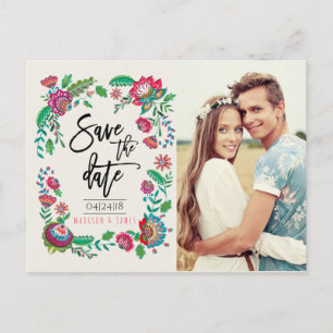 Folk Flowers Save the Date Photo Postcard