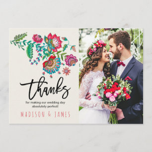 Folk Flowers Thank you Wedding Photo Card