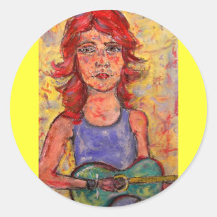 folk girl playing acoustic classic round sticker