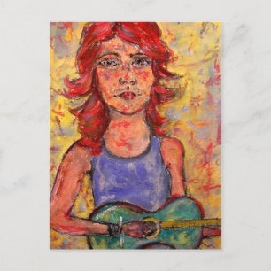 folk girl playing colourful guitar postcard