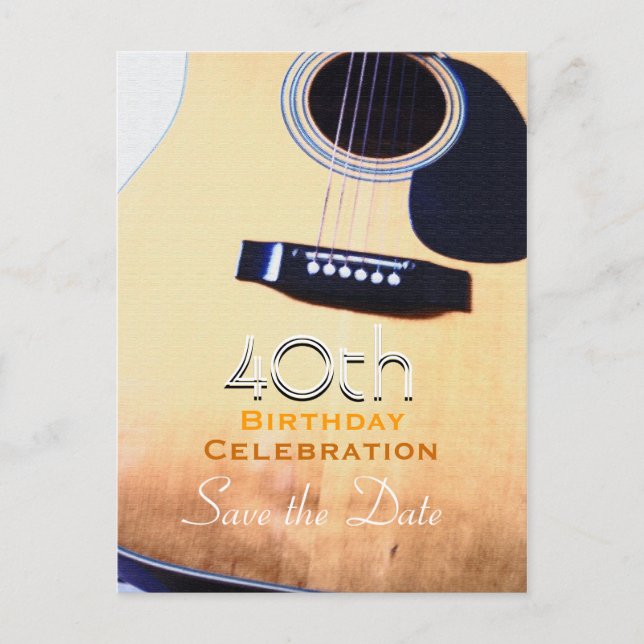 Folk Guitar 40th Birthday Save the Date Postcard (Front)