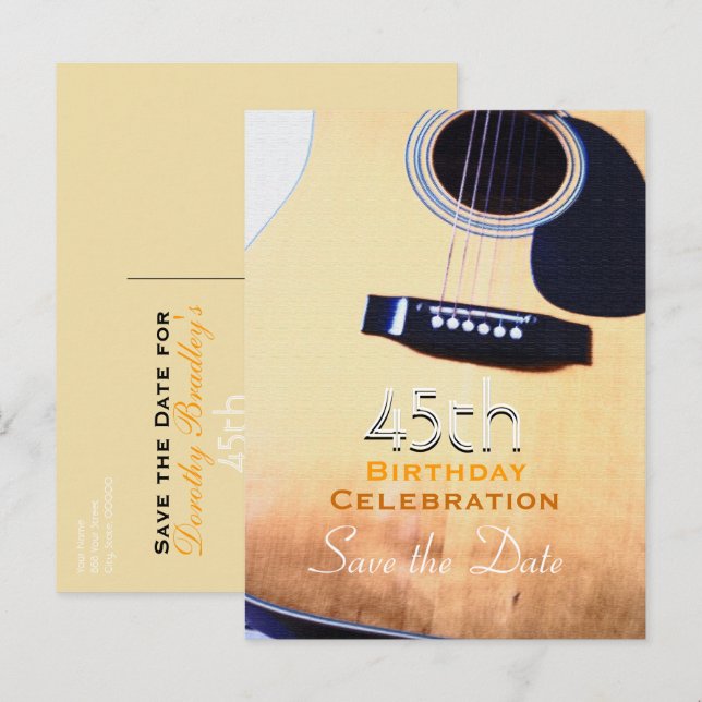 Folk Guitar 45th Birthday Save the Date Postcard (Front/Back)