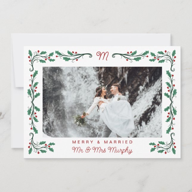 Folk Holly Frame Merry & Married Christmas Photo Holiday Card (Front)