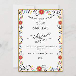 Folk Mexican Floral Three Esta Birthday Invitation