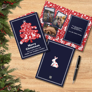 Folk Navy Red Christmas Tree Bunny Floral Photo Holiday Card