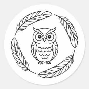 Folk Owl Line Art Surrounded by Feathers Classic Round Sticker
