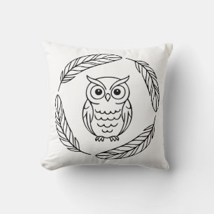 Folk Owl Line Art Surrounded by Feathers Cushion